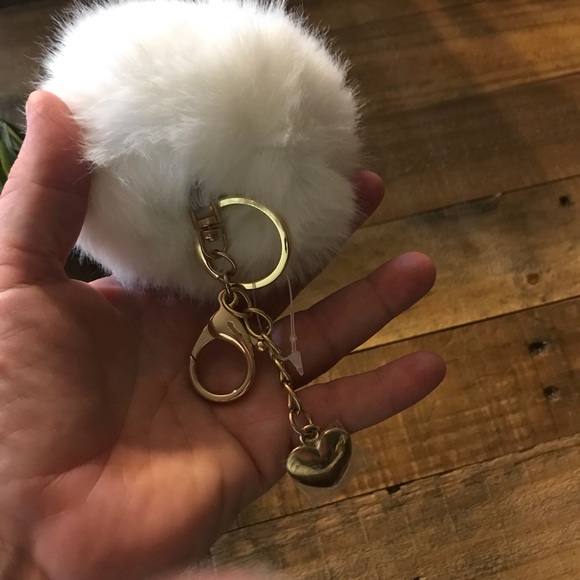 Pom Pom Key Chain White Faux Fur Purse Charm Puff - Picture 2 of 4